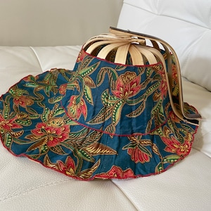 Set of 2, Unique 2 in 1 Handmade Balinese Bamboo Batik Folding Foldable Hat Fan
