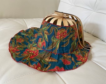 Set of 2, Unique 2 in 1 Handmade Balinese Bamboo Batik Folding Foldable Hat Fan