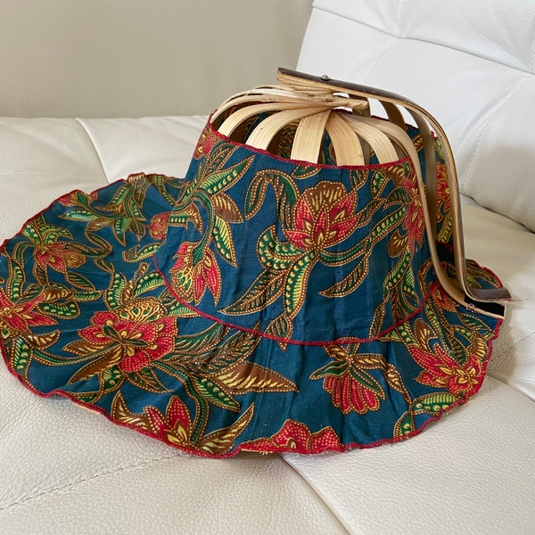 Set of 2, Unique 2 in 1 Handmade Balinese Bamboo Batik Folding Foldable Hat Fan