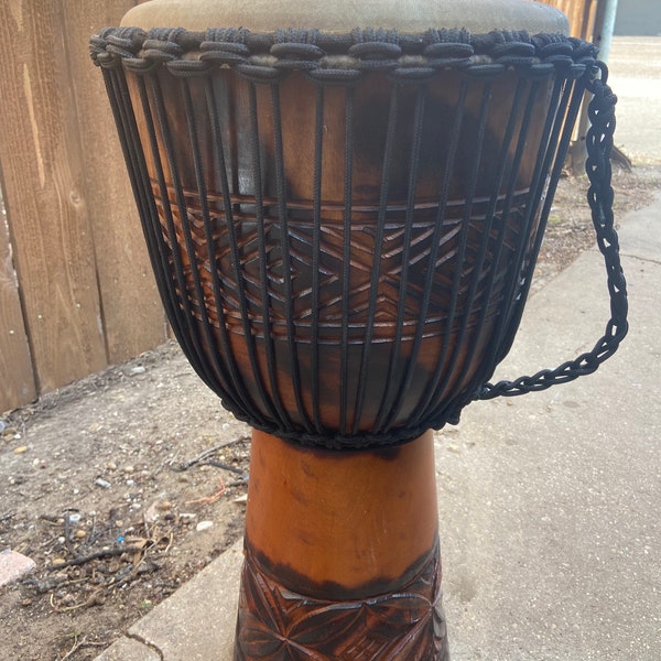 Busted Damaged Skin - Large Handmade 26" Tall, 13" Head Deep Carved Mahogany Djembe Drum Wood, Elephant Carving