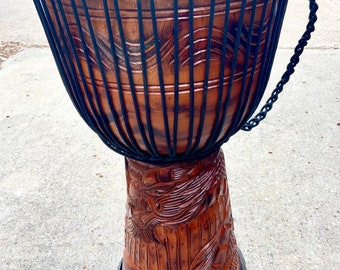 Damaged Skin - Extra Large Handmade 26" Tall, Mahogany Djembe Drum, Dragon Carving