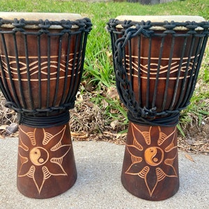 SALE, Set OF 2,  Small 16" Tall Mahogany Wood Djembe Bongo Hand Drum