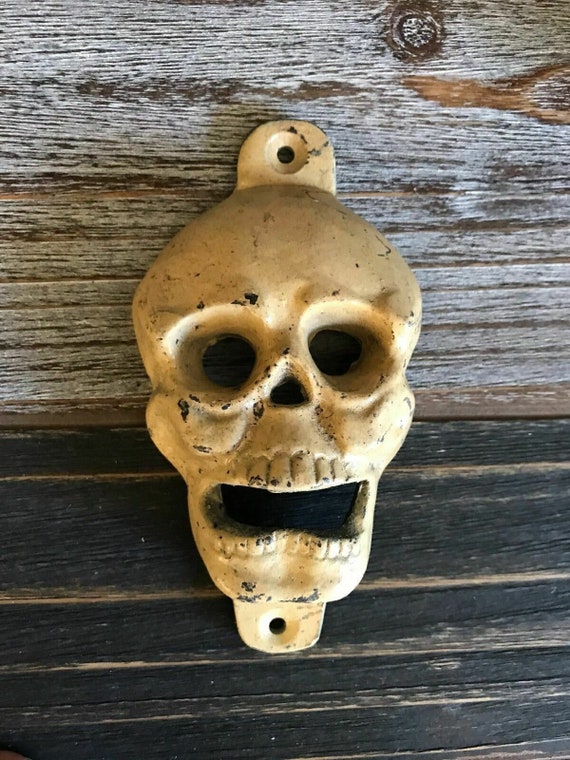 Vintage Antique Replica Cast Iron Skeleton Skull Wall Mount Beer Bottle Opener