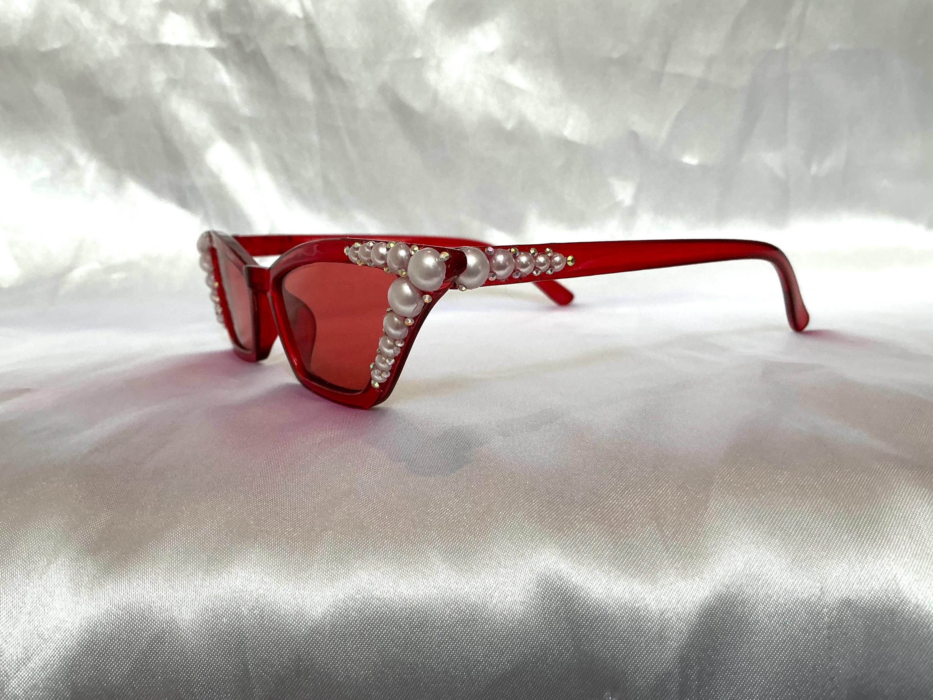 Red Cat Eye Sunglasses: Pearl & Swarovski Crystal  display picture 3