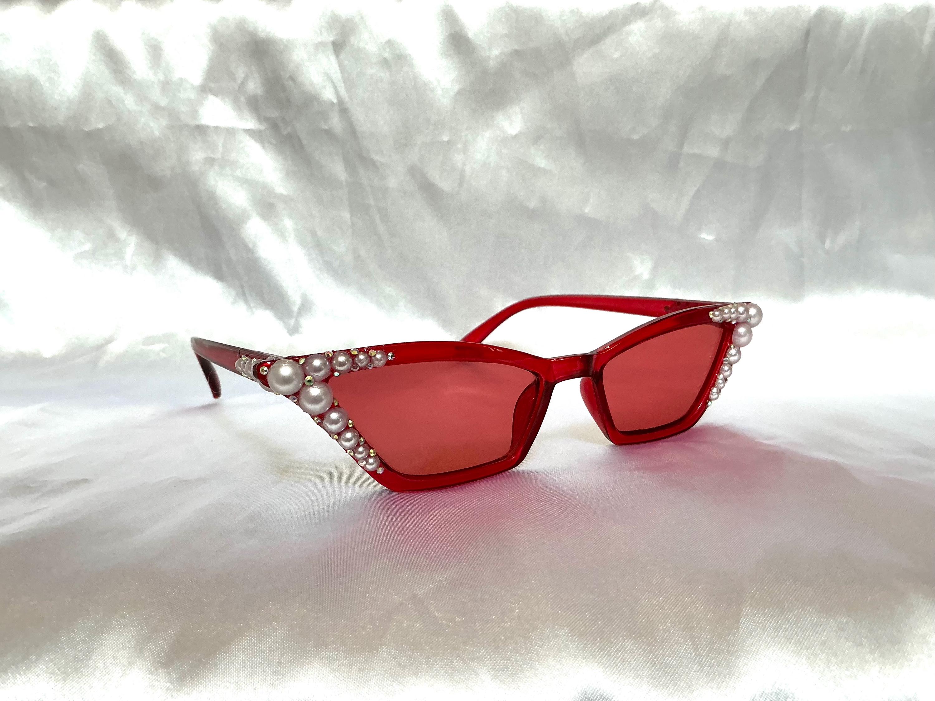Cateye Red Swarvoski crystal on black Sunglasses. Red Cat Eye Sunglasses: Pearl & Swarovski Crystal  main image 2
