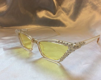 Cat eye, vintage shape, yellow lens, Swarovski crystal and pearl embellished, unique womens sunglasses.
