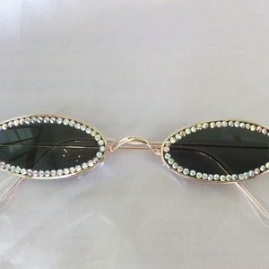 Swarovski crystal embellished, silver frame, black oval lense, vintage look, unique womens sunglasses