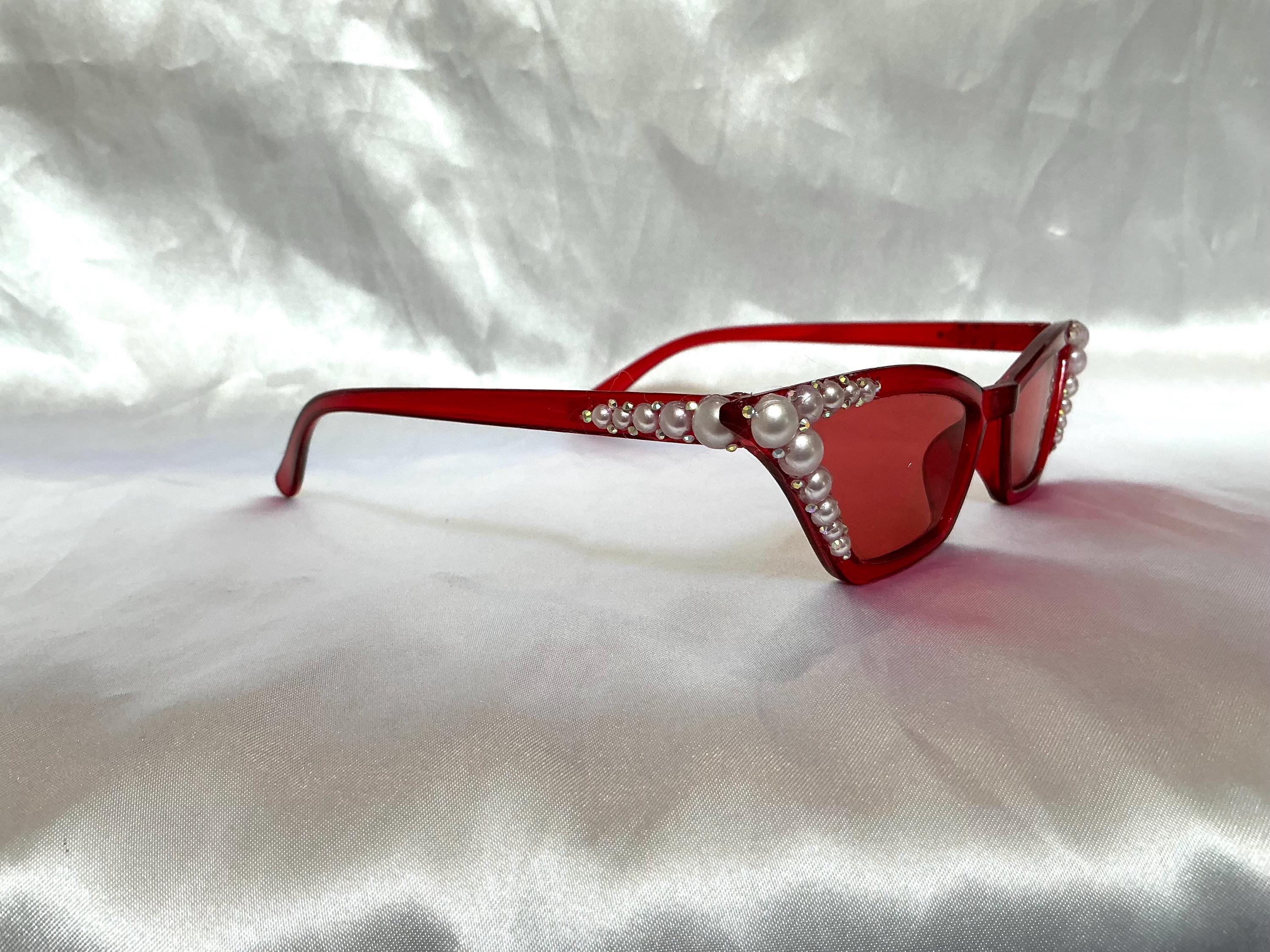 Red Cat Eye Sunglasses: Pearl & Swarovski Crystal 