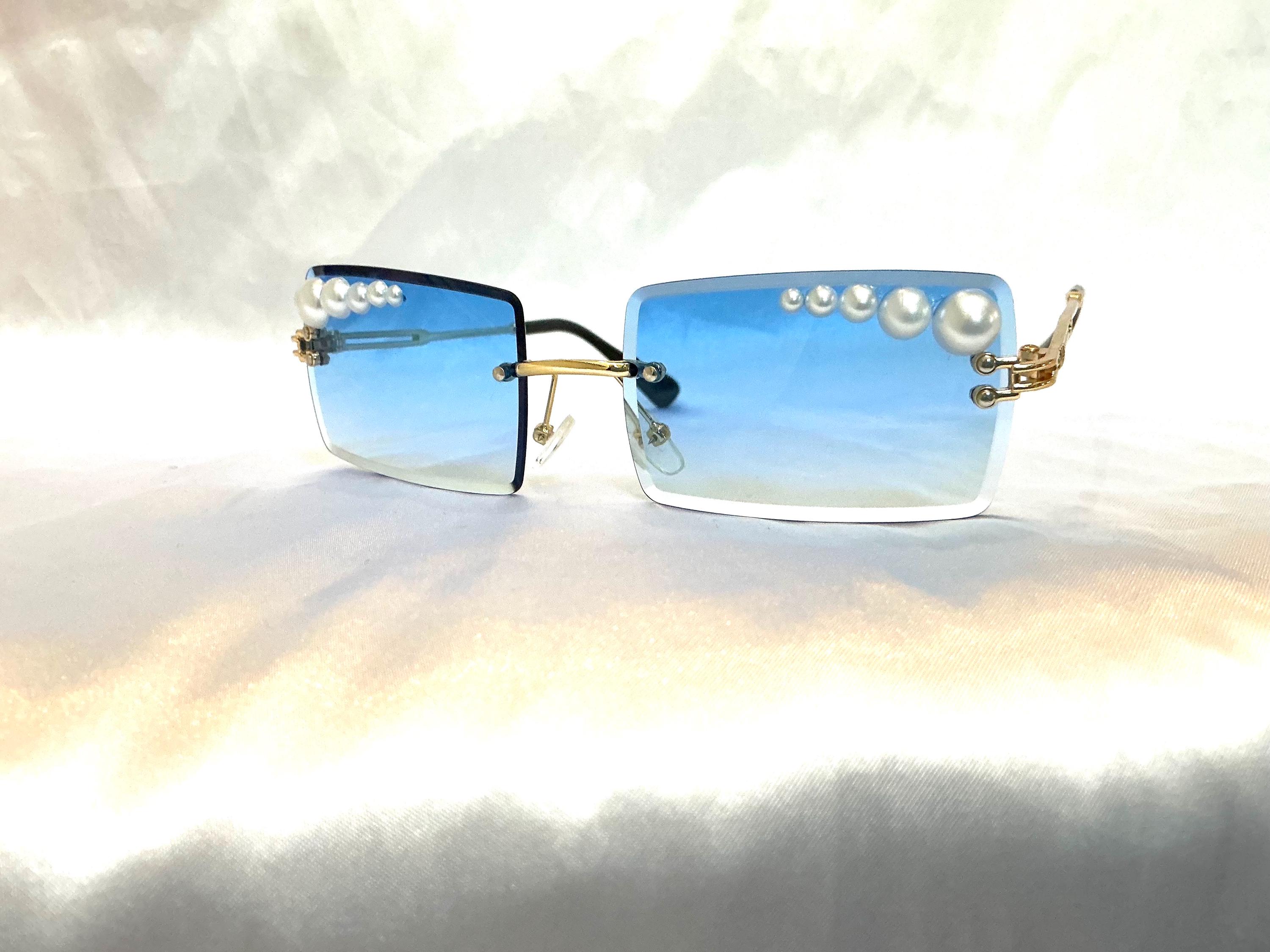 Black and Gold Pearl-Trim Sunglasses with Blue Lenses Black/Gold Grandpa Oversized Butterfly Tinted Sunglasses  main image 4