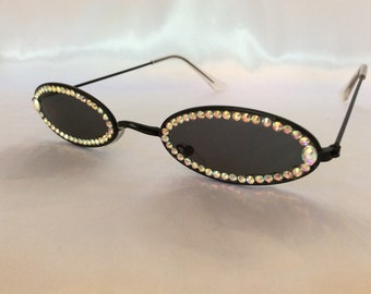 Black lense, Swarovski crystal embellished, oval frame, vintage look, couture frame, womens sunglasses.