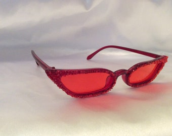 Cat eye, vintage look, womens sunglasses.  Red frame, red seed bead embellished.