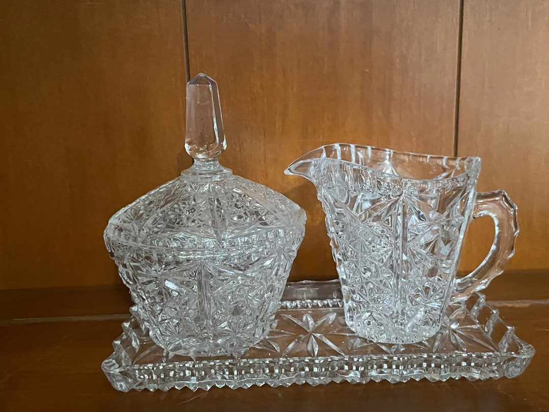 Vintage Crystal Cream and Sugar Set With Tray Etsy