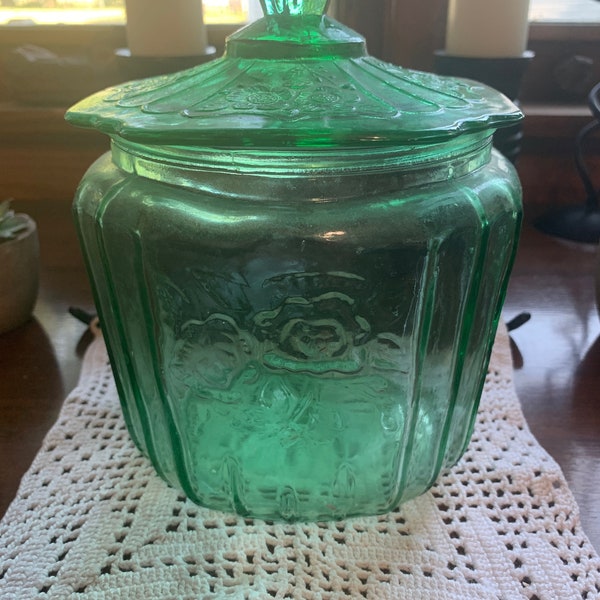 Vintage Green Glass Cookie Jar, Biscuit Jar