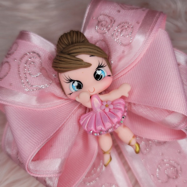 Ballerina Hair Bow with Handmade Clay Doll (Large Size)