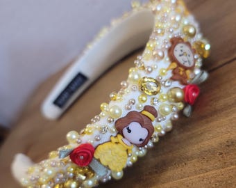 Beauty and the beast headband - Hand-sewn pearls one by one - Princess Belle