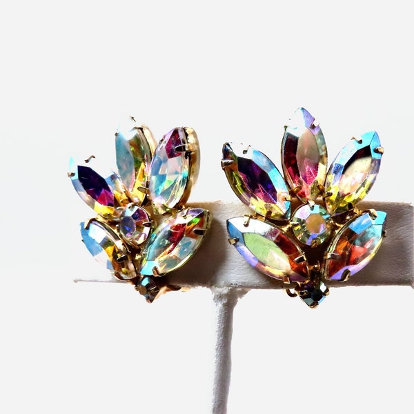 Vintage Iridescent Rhinstone Earring  Clip On 40s 50s 60s  Costume Jewelry Leaf Motif Mirror Mutli color 70s 80s 90s