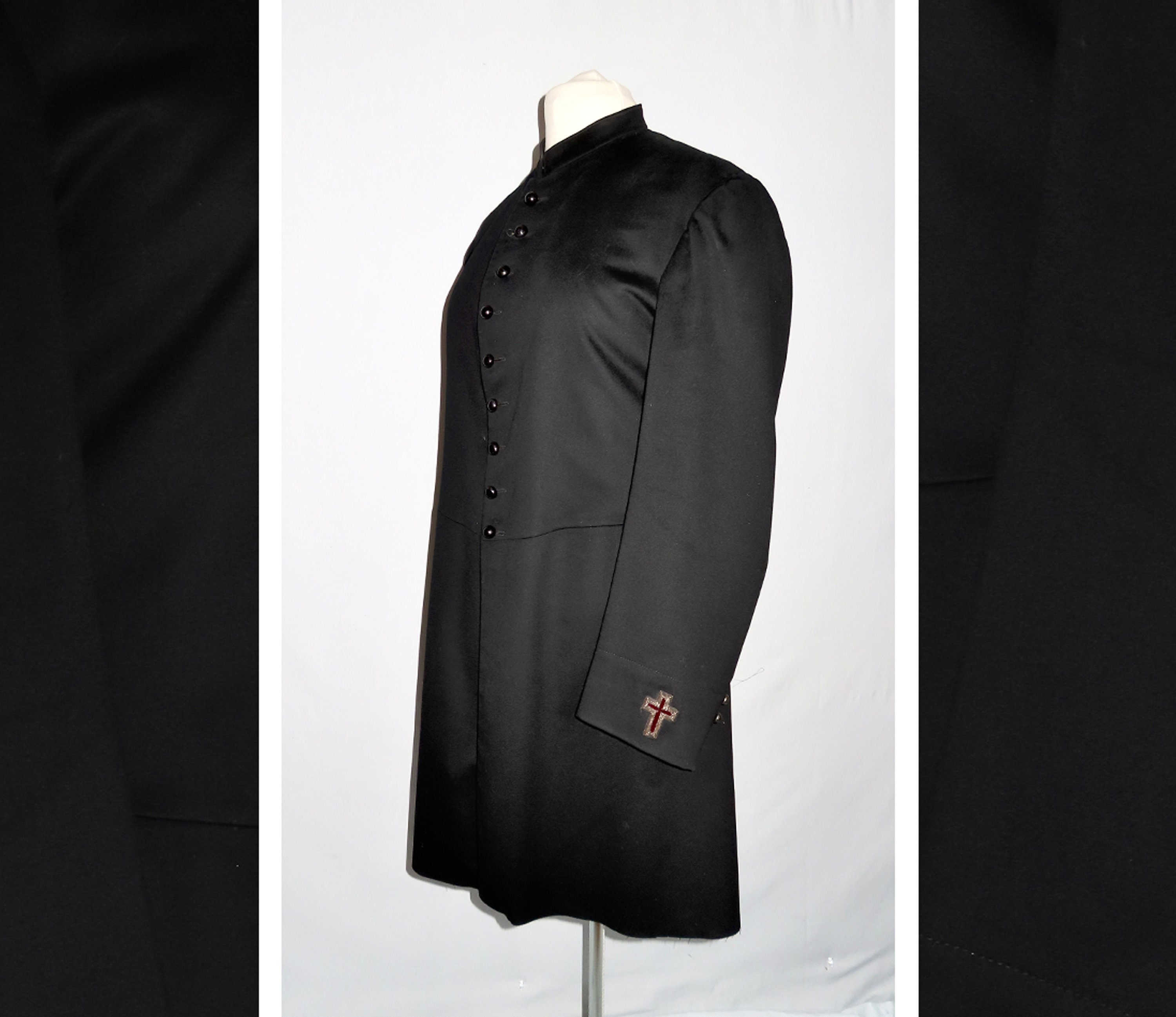 Historical Emporium 1800s Mens Black Wool Blend Peak Collar Knee Length Cutaway Coat (Big & Tall Size 52L) | 19th Century | Historical | Vintage | Antique
