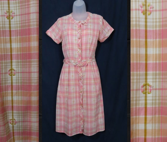 1950s Pink Plaid Cotton Vintage Dress w/ Matching… - image 2