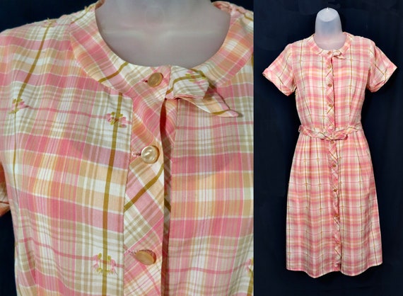 1950s Pink Plaid Cotton Vintage Dress w/ Matching… - image 1
