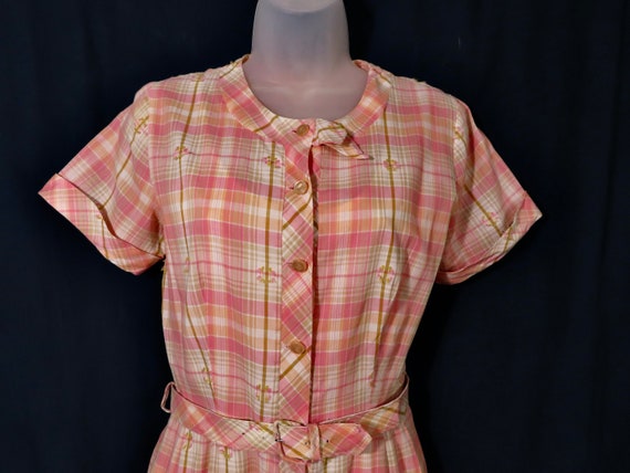 1950s Pink Plaid Cotton Vintage Dress w/ Matching… - image 5