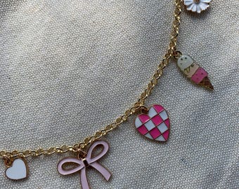 Pink and white coquette charm necklace