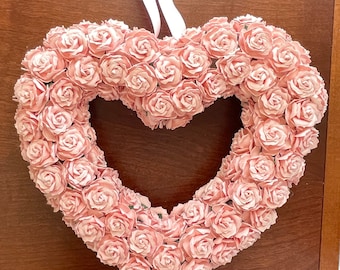 Salmon Pink Mulberry Paper Roses Heart Wreath Wall Decoration