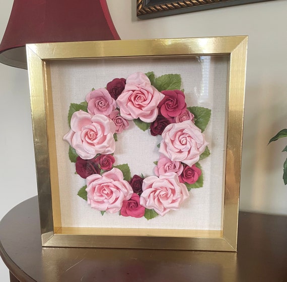 Pink and Red Paper Rose Art Decor in a Champagne Gold Wooden | Etsy
