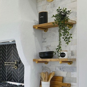 SOLID | Modern Shelf | Butcher Block Wood shelf with Pipe Brackets. Gold, Black, Antique copper or Antique Brass shelf Brackets, Shelving,