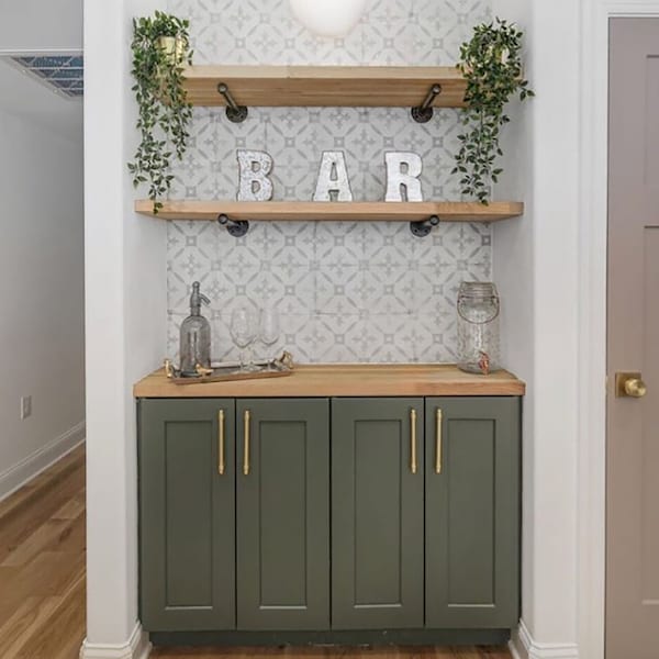 Sale SOLID 7 Inch Butcher Block Wood shelf with Pipe Brackets. Gold, Black, Antique copper or Antique Brass shelf Brackets included!