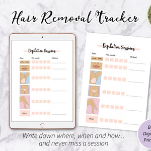 Op de afbeelding: Printbare haarverwijderings-tracker met een roze en wit ontwerp. De tracker bevat secties voor gezicht, borst, bikinilijn, benen en andere gebieden. Hij bevat ook kolommen voor datum, methode en notities.