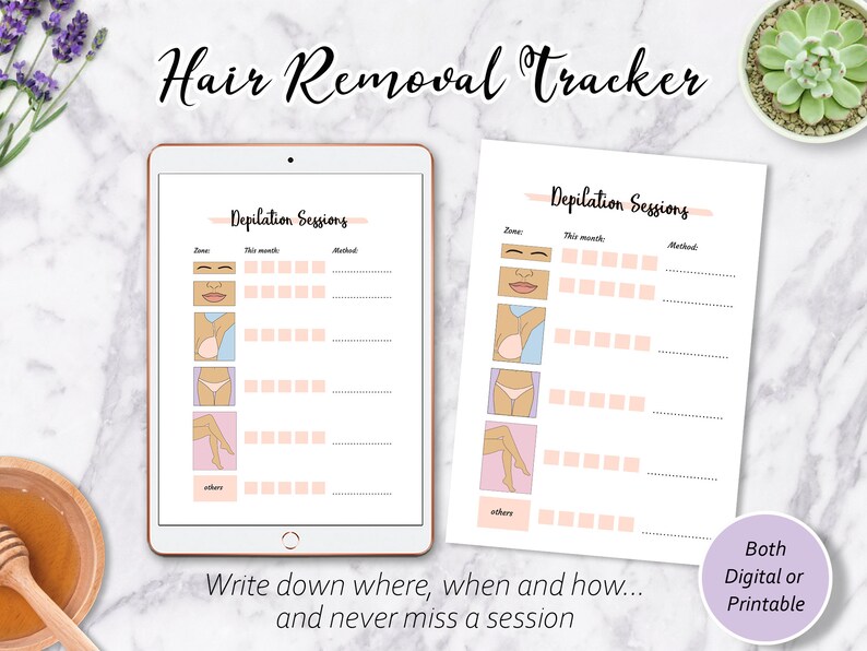 Op de afbeelding: Printbare haarverwijderings-tracker met een roze en wit ontwerp. De tracker bevat secties voor gezicht, borst, bikinilijn, benen en andere gebieden. Hij bevat ook kolommen voor datum, methode en notities.
