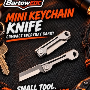 May include: Two silver-toned metal keychain knives with folding blades and screw pivots. One knife is shown in a closed position, while the other is open, revealing a serrated edge. The text reads BartowEDC MINI KEYCHAIN KNIFE COMPACT EVERYDAY CARRY SMALL TOOL. BIG CONVENIENCE.
