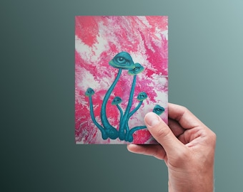Fungorical postcard. Fantasy art print, mushroom art painting, fungi, drip paint.