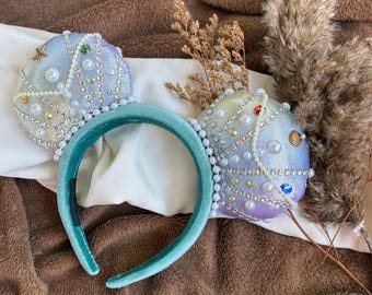 Ariel inspired Mouse Ears, Blue or Pink Ariel Inspired Ears, Rhinstone Mouse Ears
