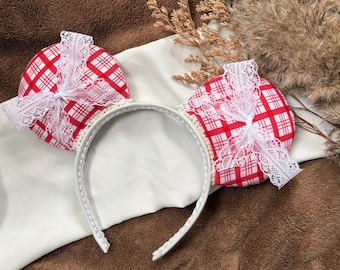 Picnic Blanket Mouse Ears, Red Checkered Mouse Ears, Handmade Ears