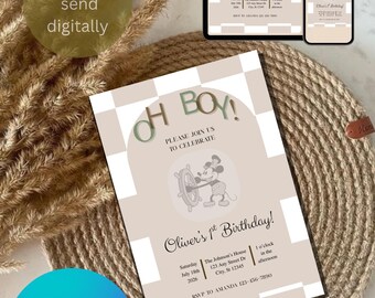 Steam Boat Willie Beige Checkered Birthday Invitation | Checkered Birthday Invitations | Neutral Checkered Birthday Invitations