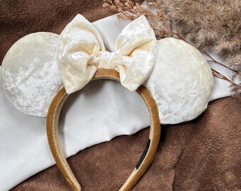 Cream and Gold Velvet Mouse Ears, Velvet Ears, Princess Mouse Ears with Puff Headband, Handmade Ears