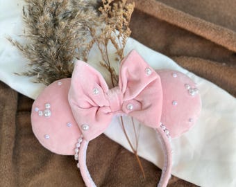 Pink, Velvet, Pearl Mouse Ears, Custom Ears, Velvet pink Ears, Pearl Mouse Ears