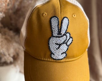 Mustard Yellow/Brown Trucker Hat with Badazzaled Peace Sign, Badazzled Peace Sign Cap, Trendy Peace Sign Baseball Hat with Peace Sign Glove