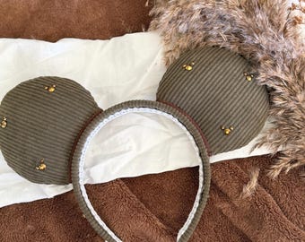 Green Corduroy Mouse Ears, Green Mouse Ears with Gold Mouse Jewels, Corduroy Ears, Handmade Ears