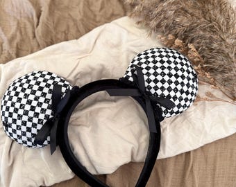 Checkered Mouse Ears, Black and White Checkered Ears with Puff Headband