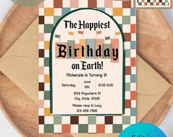 Vintage Disney Inspired Checkered Birthday Invitation | Retro Disney Inspired Birthday Invitation | Checkered Birthday Invitation