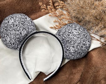 Black and White Floral Mouse Ears, Floral Mouse Ears, Floral Ears, Black and White Ears, Handmade Ears