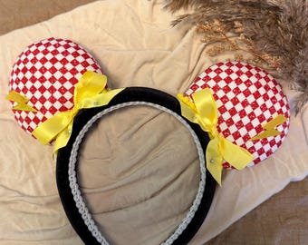 lightning Mcqeen Inspired Ears with Puff Headband, Cars Themed Inspired Mouse Ears , Red Checkered Ears with Lightning Bolt, Handmade Ears