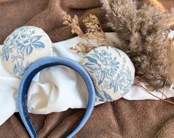 Blue Floral Mouse Ears, Floral Ears, Puff Headband Ears