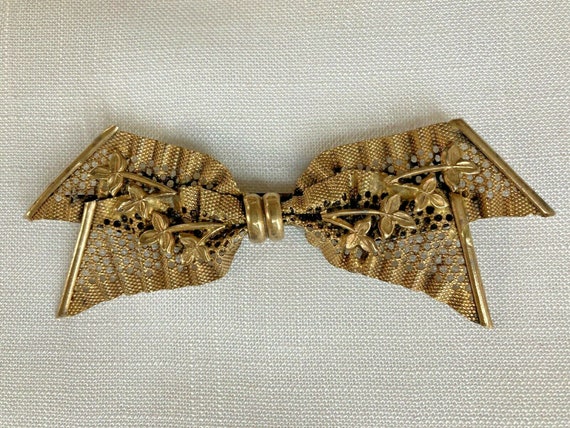 Antique gold mesh bow Brooch Pin brass ribbon - image 1