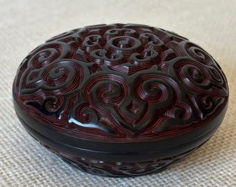 Antique black & red Guri (Tixi) Japanese lacquer round deep carved Ruyi Incense or Paste Box