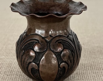 Antique Italian hand hammered copper Vase with baroque scroll motif