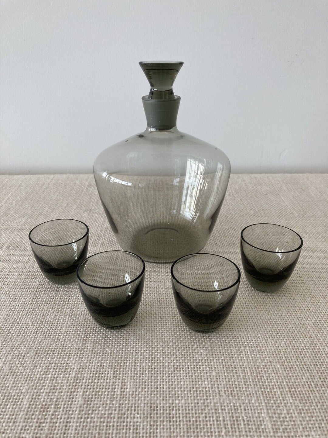 Vintage Mcm Smoke Grey Glass Decanter & Shot Glass Set by Richard