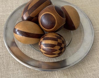 5 Antique Austrian Arts & Crafts intarsia inlay turned wood Eggs